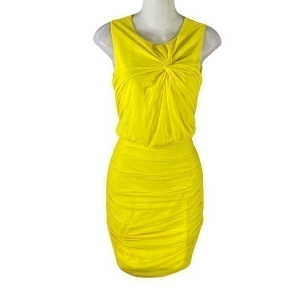 Bebe yellow mesh ruching sleeveless blouson mini dress XS AD24